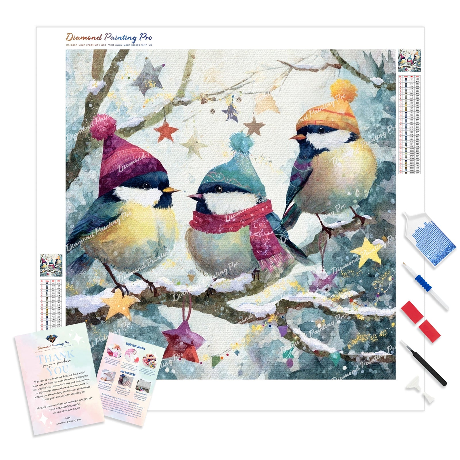 Cozy Hat Chickadees Diamond Painting Kit - Full Drill / Square or Round Diamonds with AB Drills Option