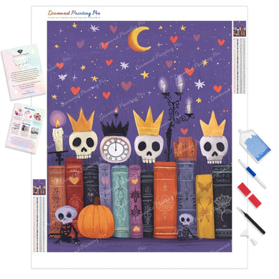 Crowned Skull Bookshelf Diamond Painting Kit - Full Drill / Square or Round Diamonds with AB Drills Option