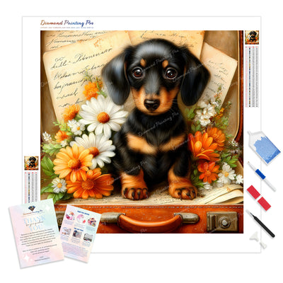 Dachshund and Daisies Diamond Painting Kit - Full Drill / Square or Round Diamonds with AB Drills Option