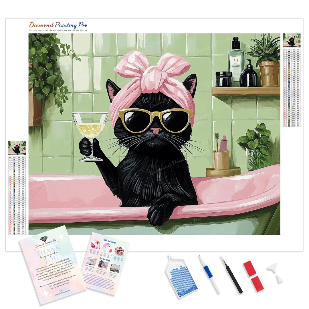 Diva Cat Bath Diamond Painting Kit - Full Drill / Square or Round Diamonds with AB Drills Option