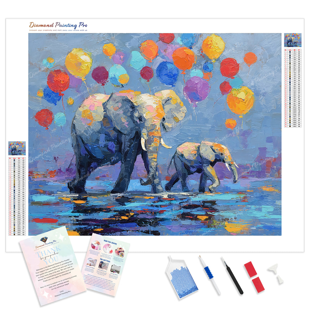 Elephants and Balloons Diamond Painting Kit - Full Drill / Square or Round Diamonds with AB Drills Option