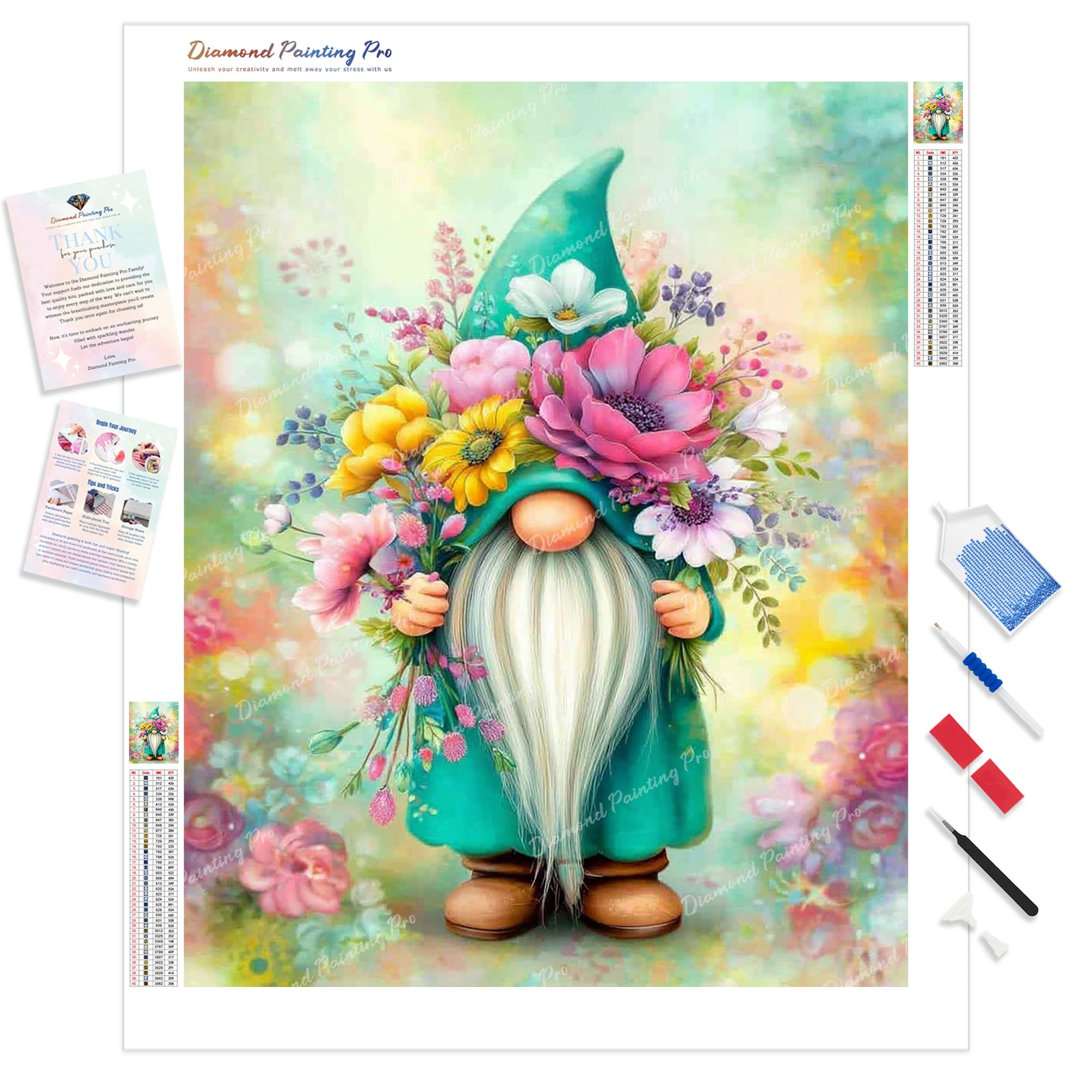 Flower and Garden Gnome Diamond Painting Kit - Full Drill / Square or Round Diamonds with AB Drills Option