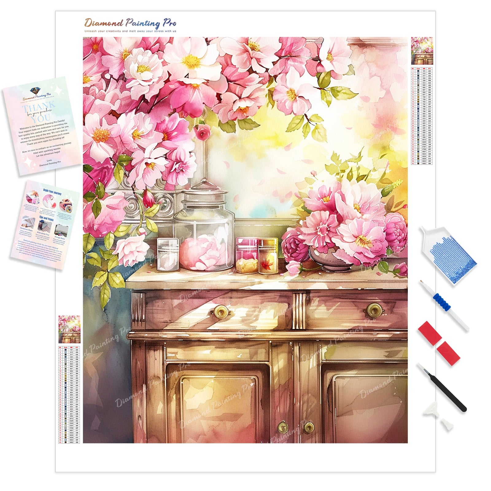 Pastel Floral Cupboard | Diamond Painting Kit - Full Drill - Square or Round Diamonds with AB Drills Option