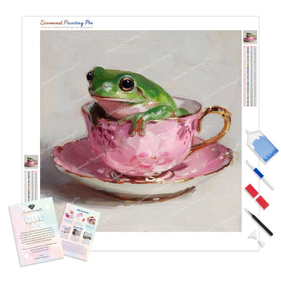 Frog in Pink Teacup Diamond Painting Kit - Full Drill / Square or Round Diamonds with AB Drills Option