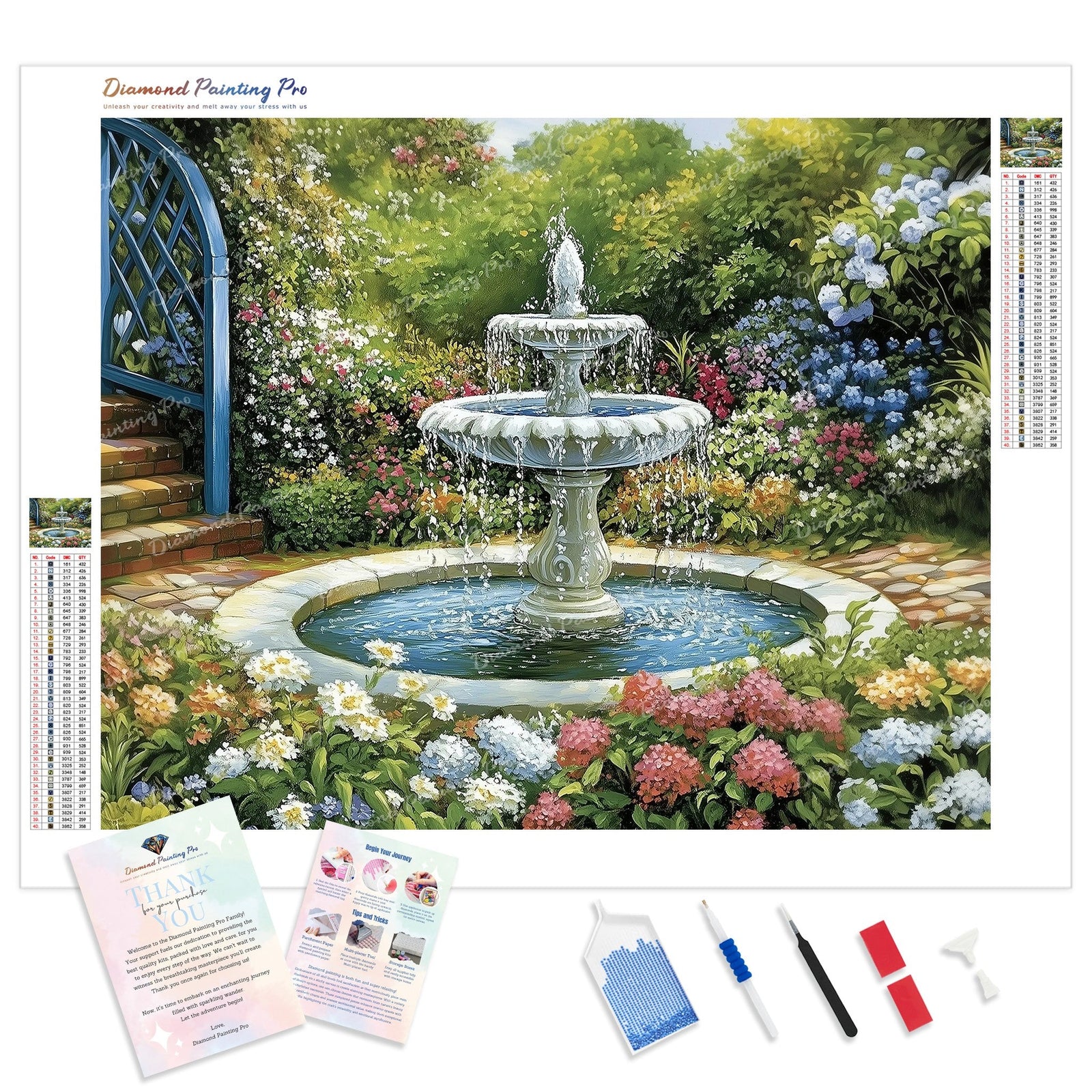 Garden Fountain Diamond Painting Kit - Full Drill / Square or Round Diamonds with AB Drills Option