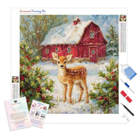 Holly Berry Fawn Diamond Painting Kit - Full Drill / Square or Round Diamonds with AB Drills Option