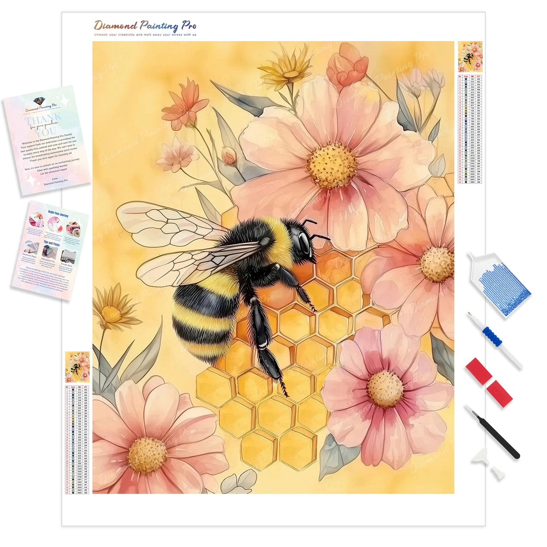 Honey Bee Blossom Diamond Painting Kit - Full Drill / Square or Round Diamonds with AB Drills Option