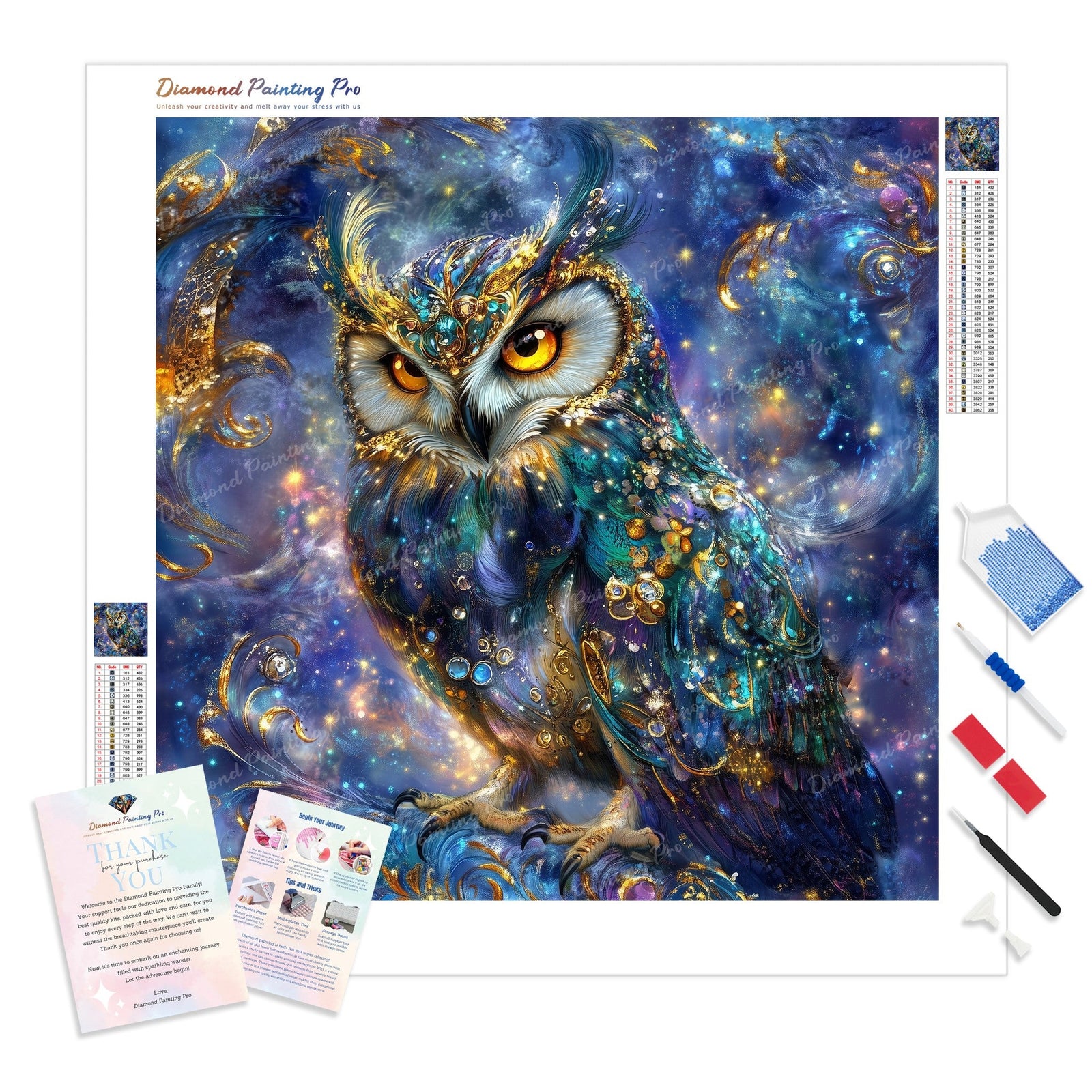 Jeweled Celestial Owl Diamond Painting Kit - Full Drill / Square or Round Diamonds with AB Drills Option