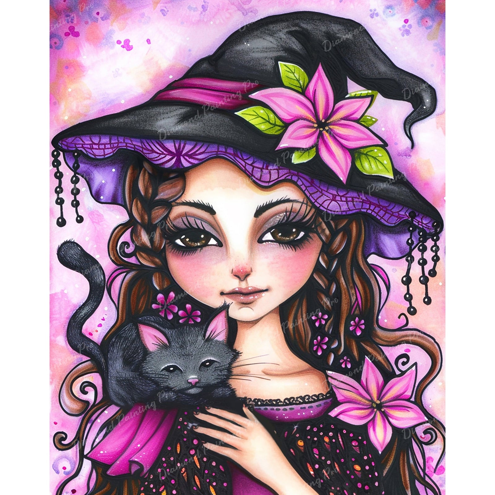 Witch's Kitty Cuddle | Diamond Painting Design - Full Drill Diamond Art with 5d Square or Round Diamonds - AB Drills Available