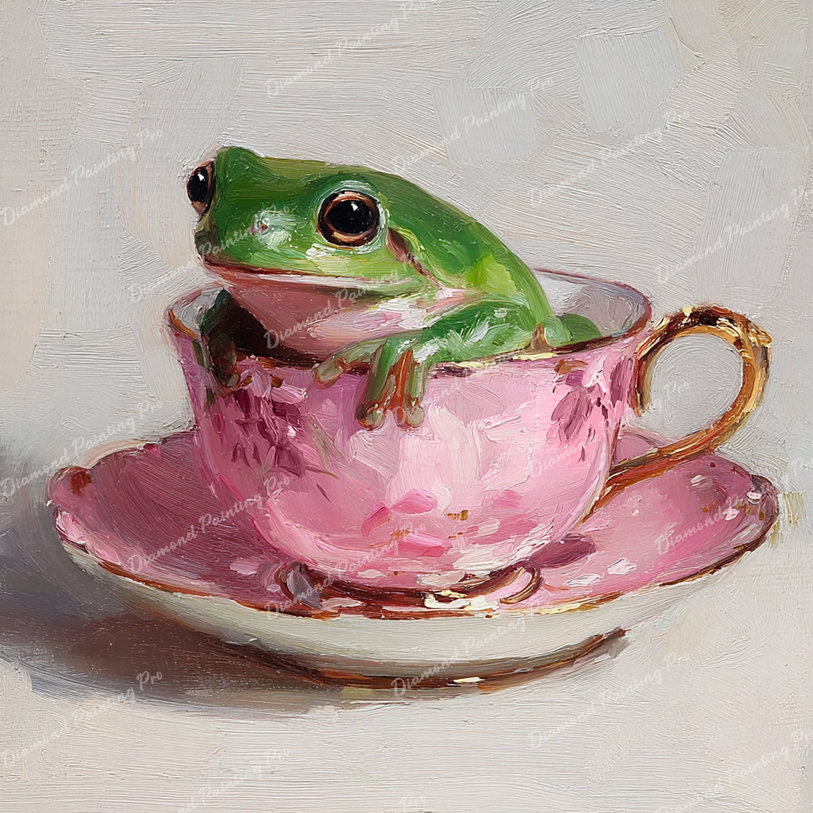 Frog in Pink Teacup Diamond Art Design - Full Drill with 5d Square or Round Diamonds / AB Drills Available