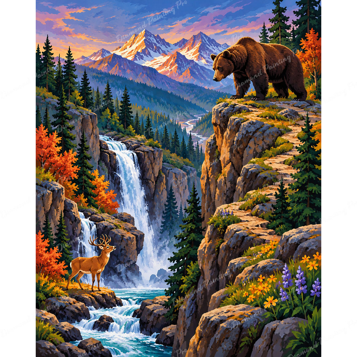Grizzly Peak Waterfall Diamond Art Design - Full Drill with 5d Square or Round Diamonds / AB Drills Available