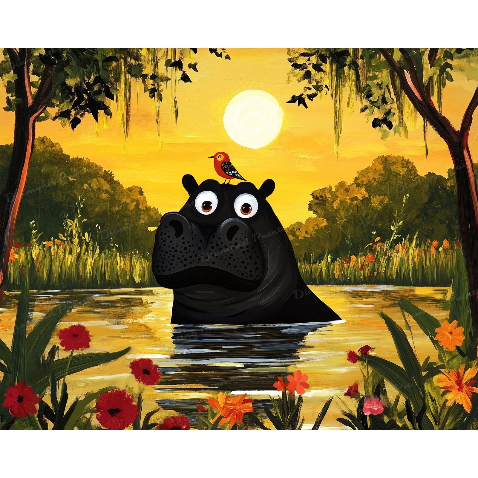 Hippo's Sunset Hangout | Diamond Painting Design - Full Drill Diamond Art with 5d Square or Round Diamonds - AB Drills Available