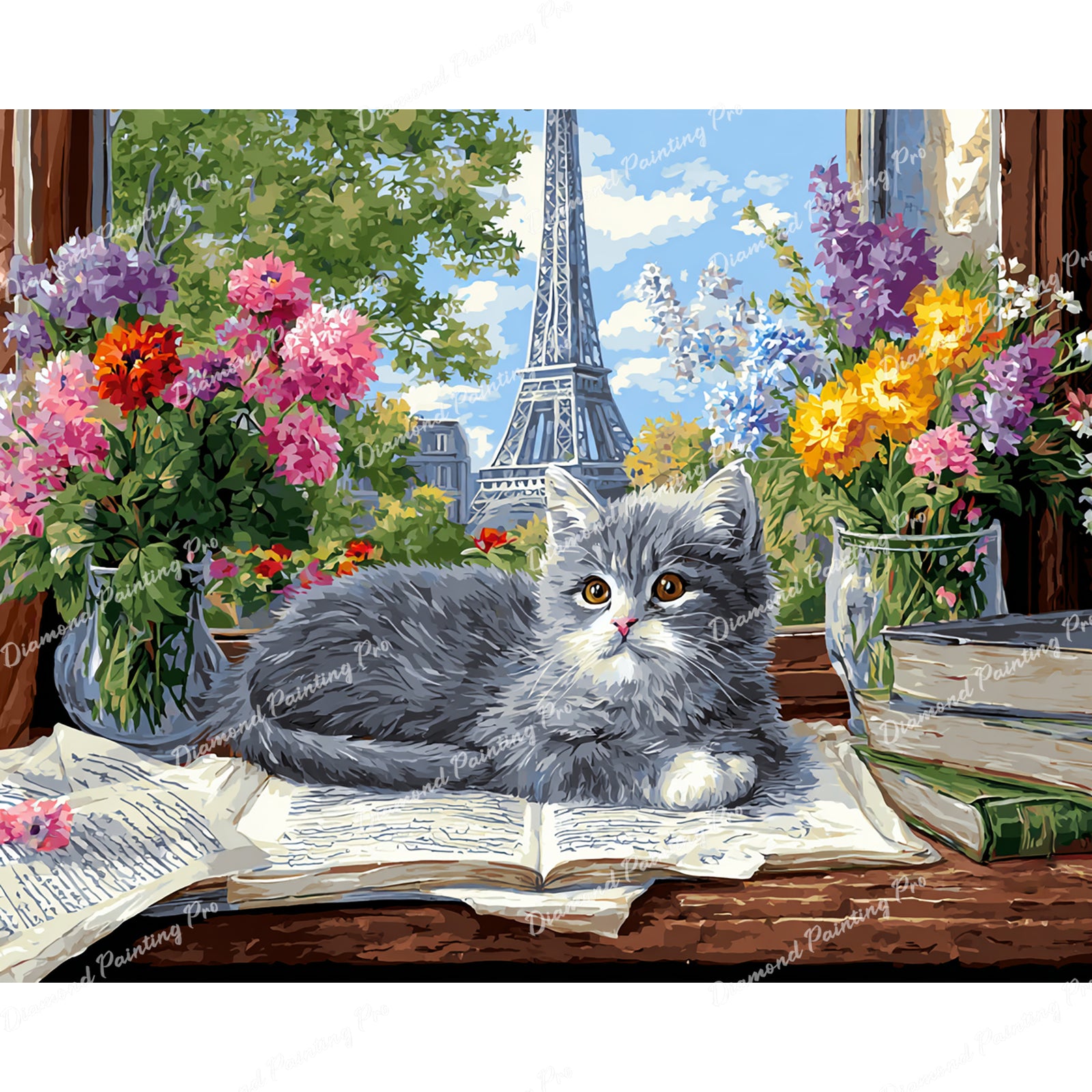 Kitten and Paris Window Diamond Art Design - Full Drill with 5d Square or Round Diamonds / AB Drills Available