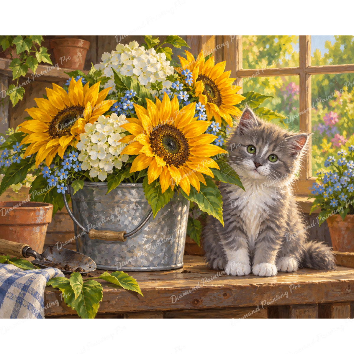 Kitten and Sunflowers Diamond Art Design - Full Drill with 5d Square or Round Diamonds / AB Drills Available