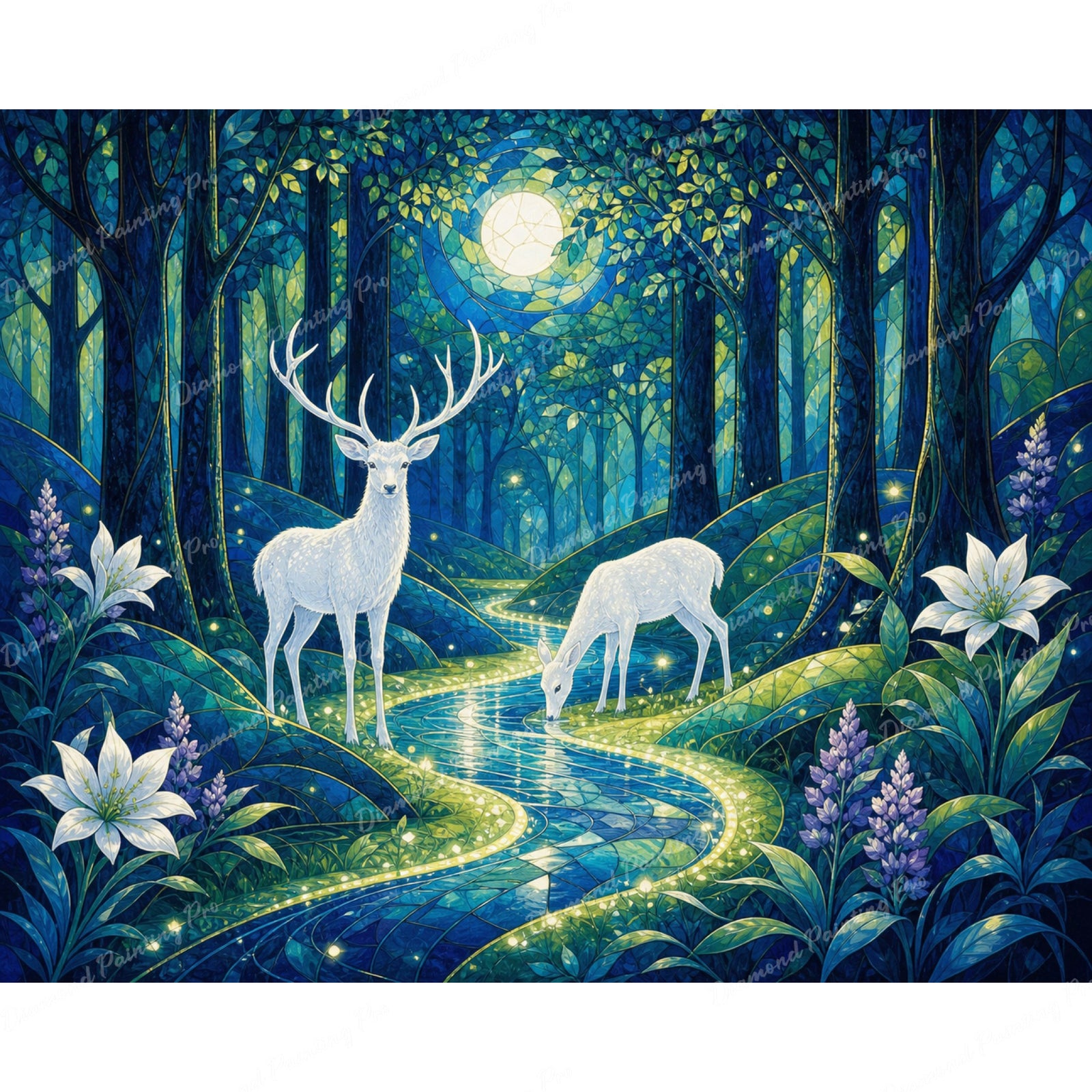 Moonlit Forest Deer Diamond Art Design - Full Drill with 5d Square or Round Diamonds / AB Drills Available