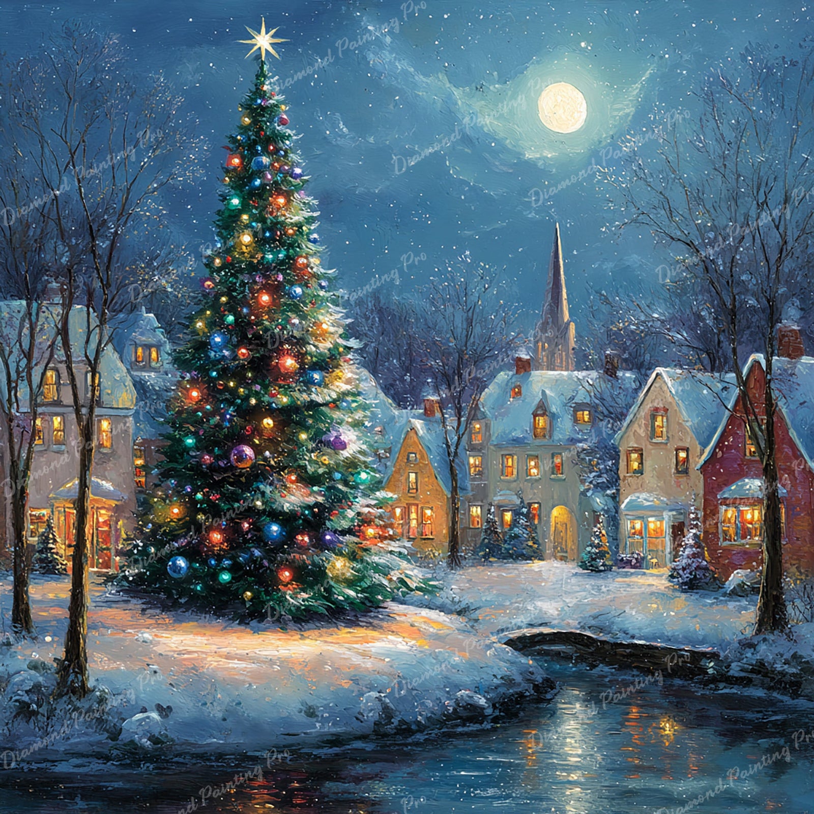 Moonlit Town Lights Diamond Art Design - Full Drill with 5d Square or Round Diamonds / AB Drills Available