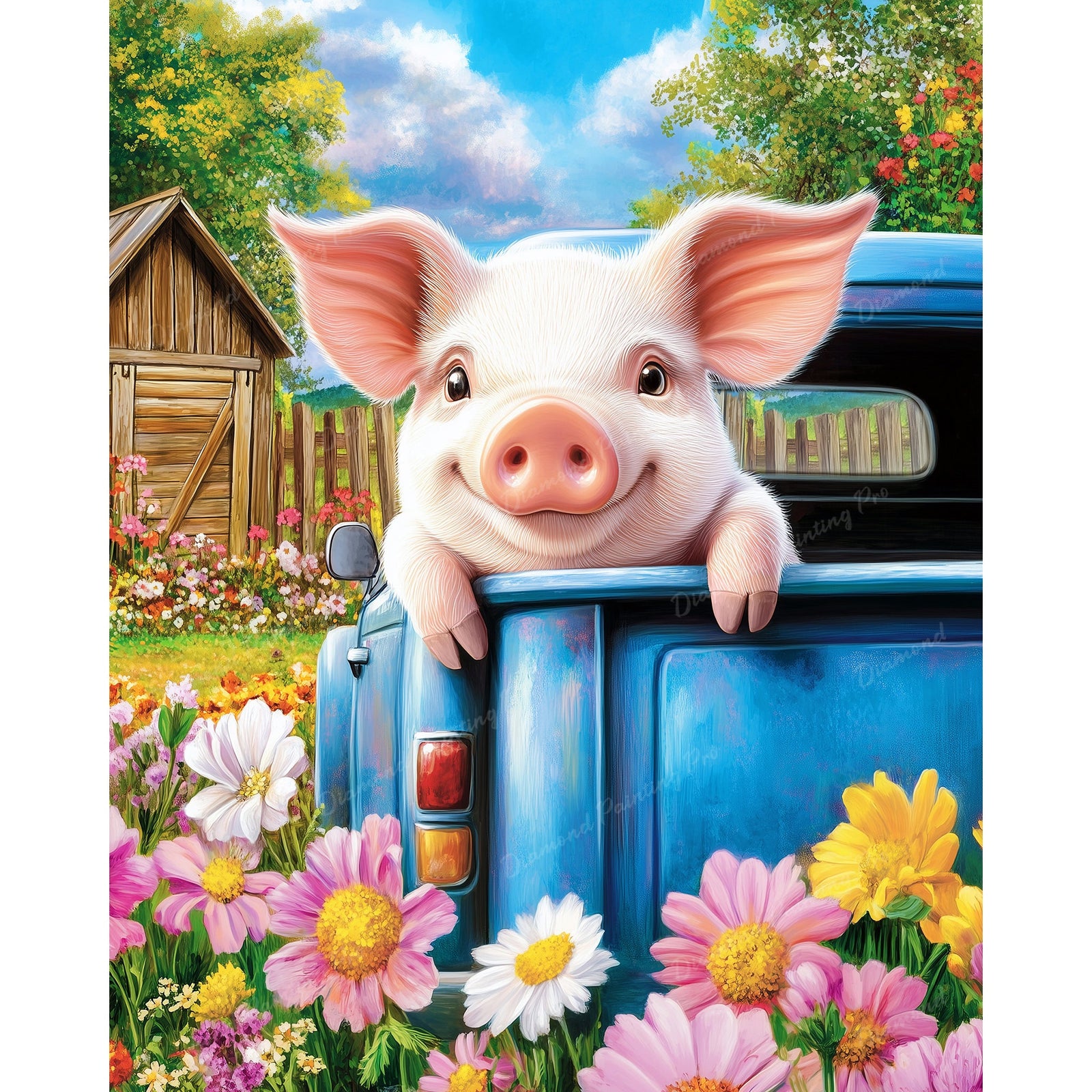 Piggy Flower Ride | Diamond Painting Design - Full Drill Diamond Art with 5d Square or Round Diamonds - AB Drills Available