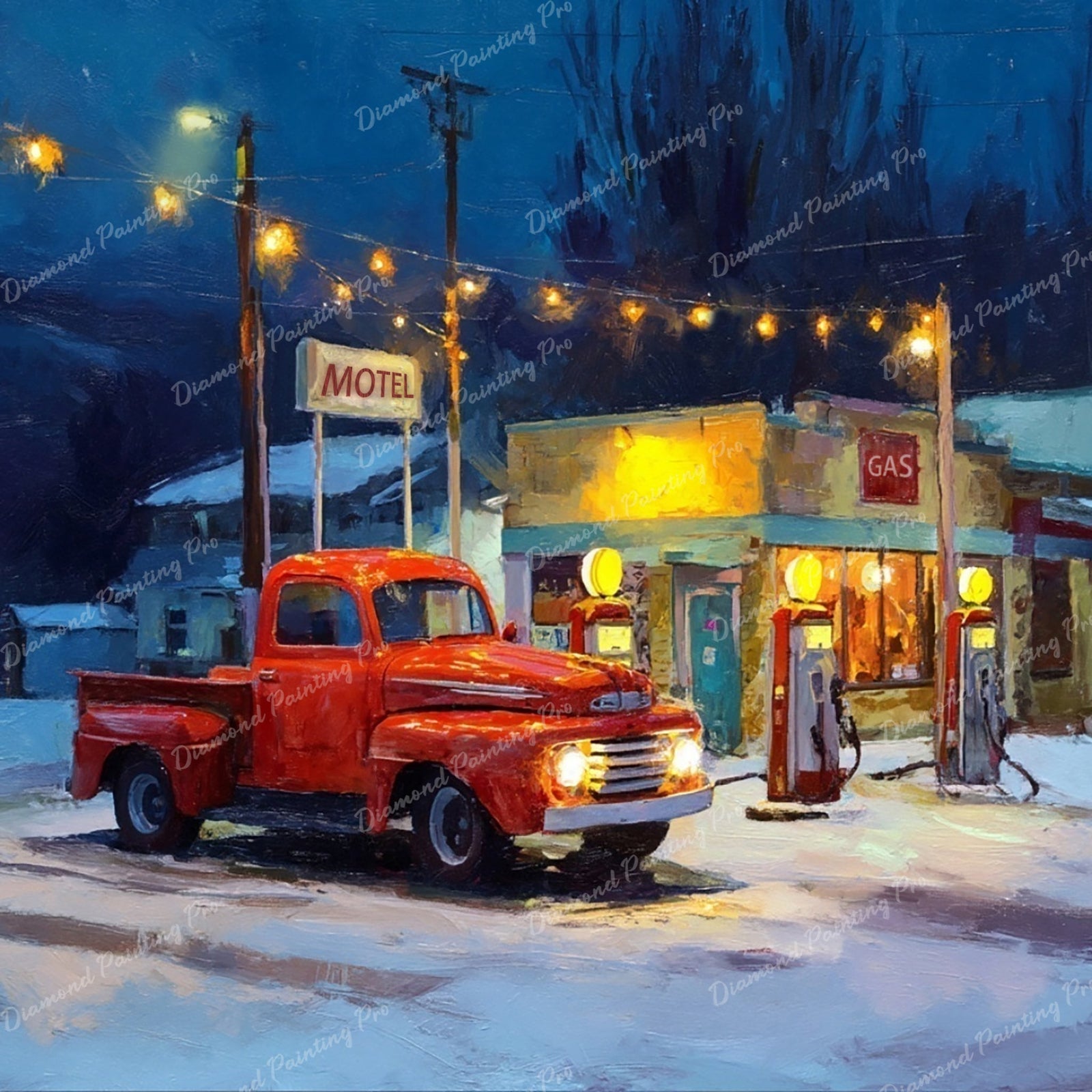 Red Truck at Gas Station Diamond Art Design - Full Drill with 5d Square or Round Diamonds / AB Drills Available