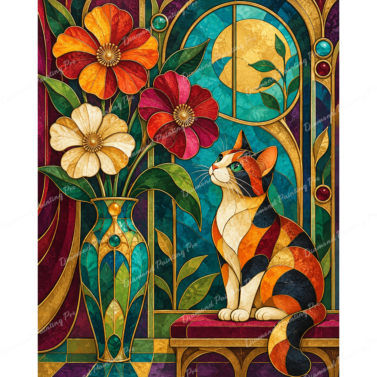 Stained-Glass Calico Cat Diamond Art Design - Full Drill with 5d Square or Round Diamonds / AB Drills Available
