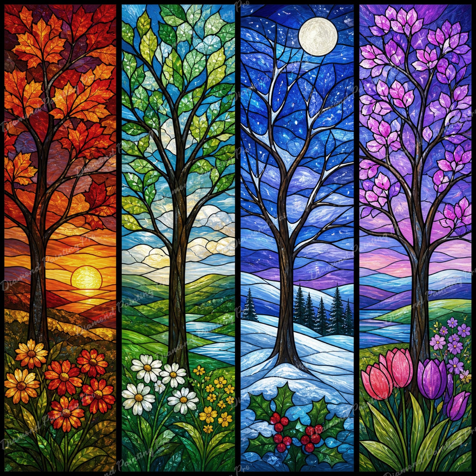 Stained-Glass Four Seasons Diamond Art Design - Full Drill with 5d Square or Round Diamonds / AB Drills Available