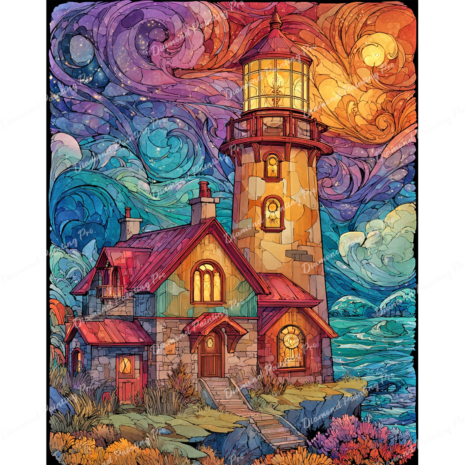 Stained Glass Lighthouse Diamond Art Design - Full Drill with 5d Square or Round Diamonds / AB Drills Available