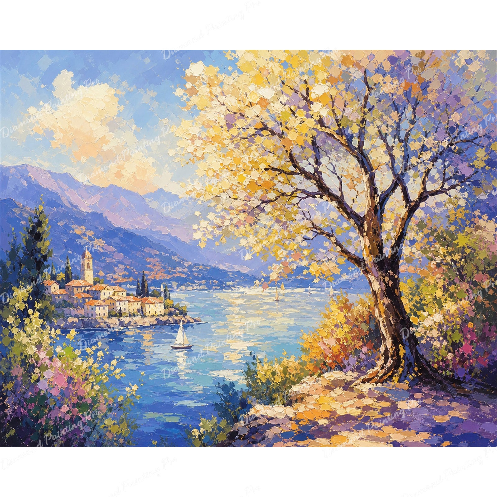 Sunlit Lakeside Village Diamond Art Design - Full Drill with 5d Square or Round Diamonds / AB Drills Available