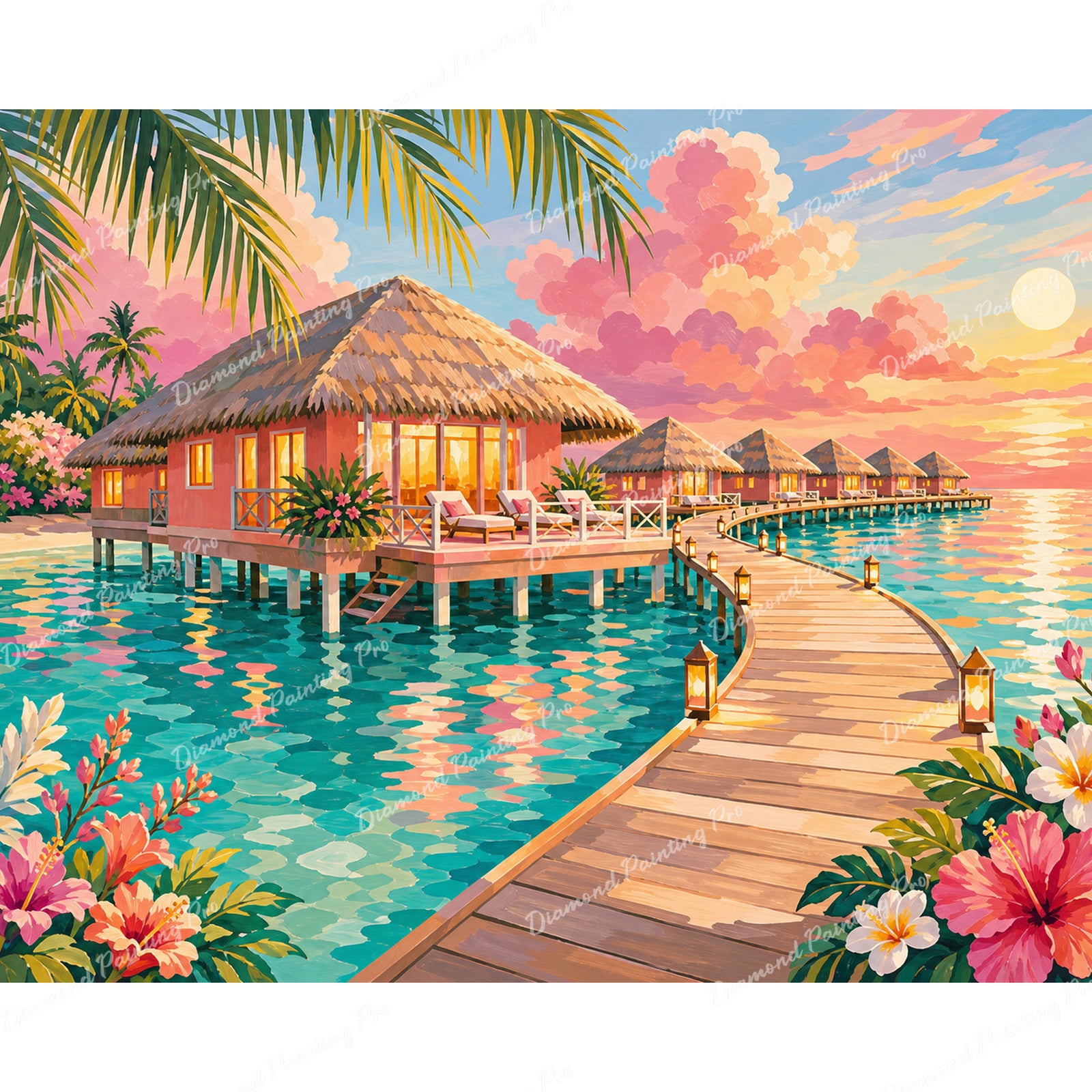 Sunset Water Villas Diamond Art Design - Full Drill with 5d Square or Round Diamonds / AB Drills Available