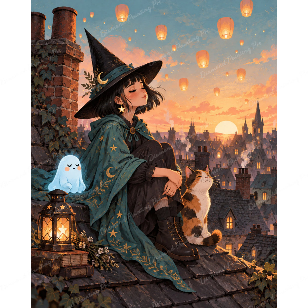 Witch on Rooftops Diamond Art Design - Full Drill with 5d Square or Round Diamonds / AB Drills Available