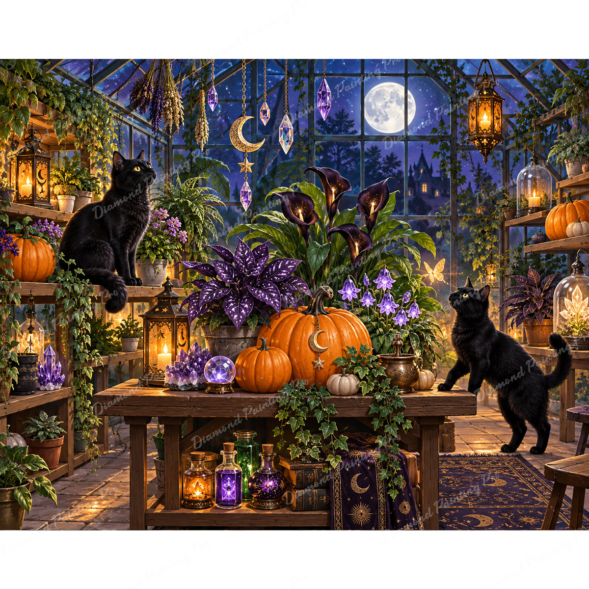 Witchy Greenhouse Cats Diamond Art Design - Full Drill with 5d Square or Round Diamonds / AB Drills Available