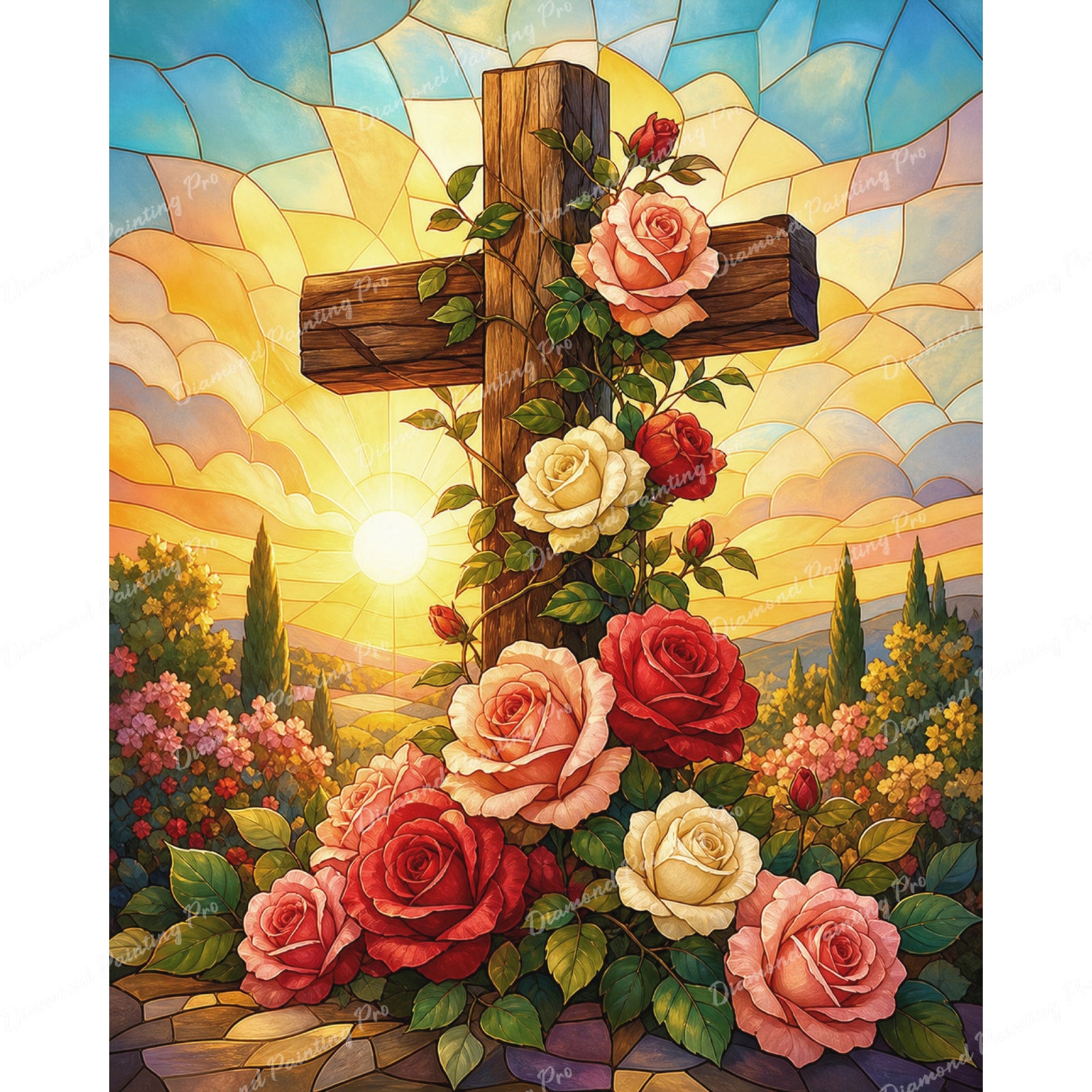 Wooden Cross with Roses Diamond Art Design - Full Drill with 5d Square or Round Diamonds / AB Drills Available