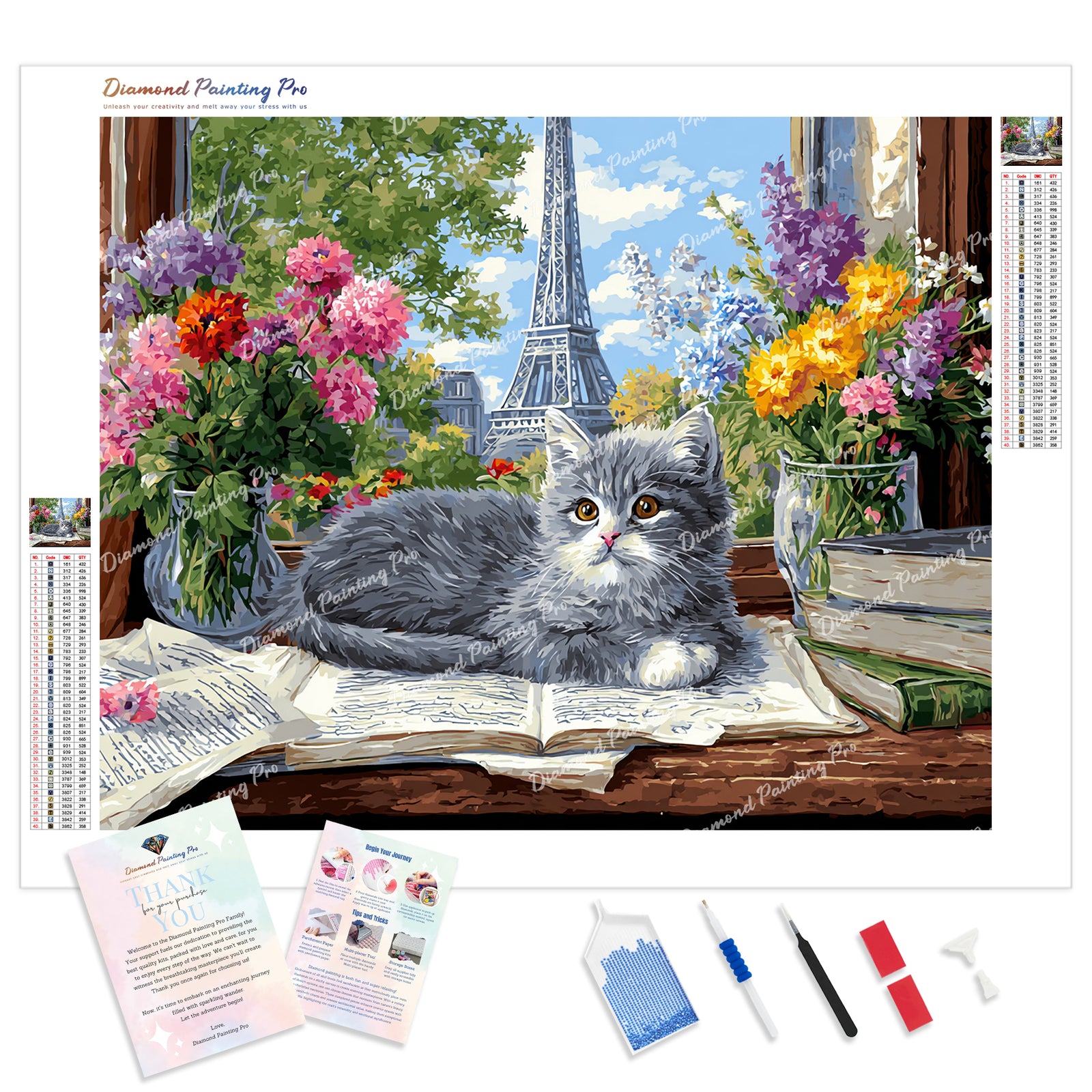 Kitten and Paris Window Diamond Painting Kit - Full Drill / Square or Round Diamonds with AB Drills Option