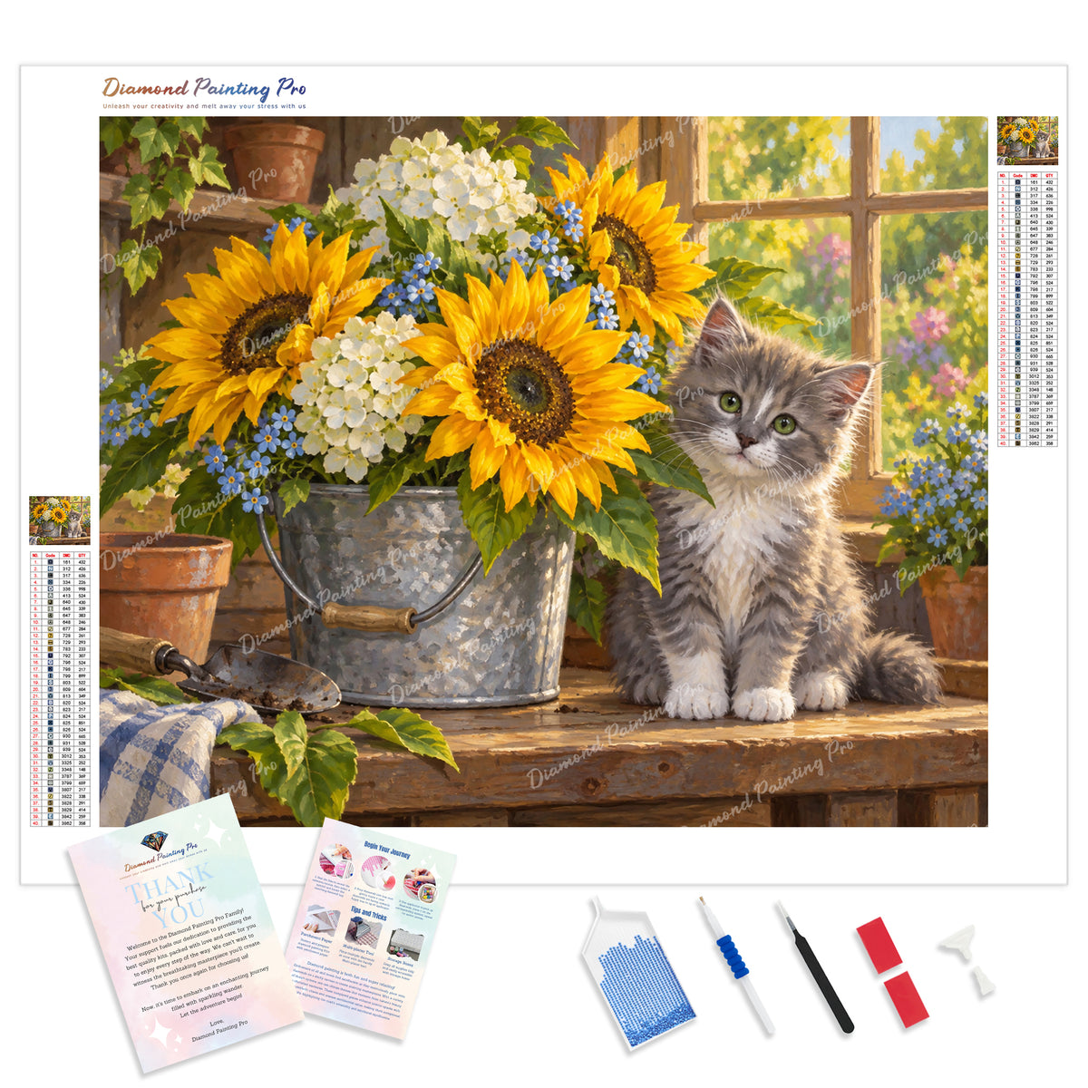 Kitten and Sunflowers Diamond Painting Kit - Full Drill / Square or Round Diamonds with AB Drills Option