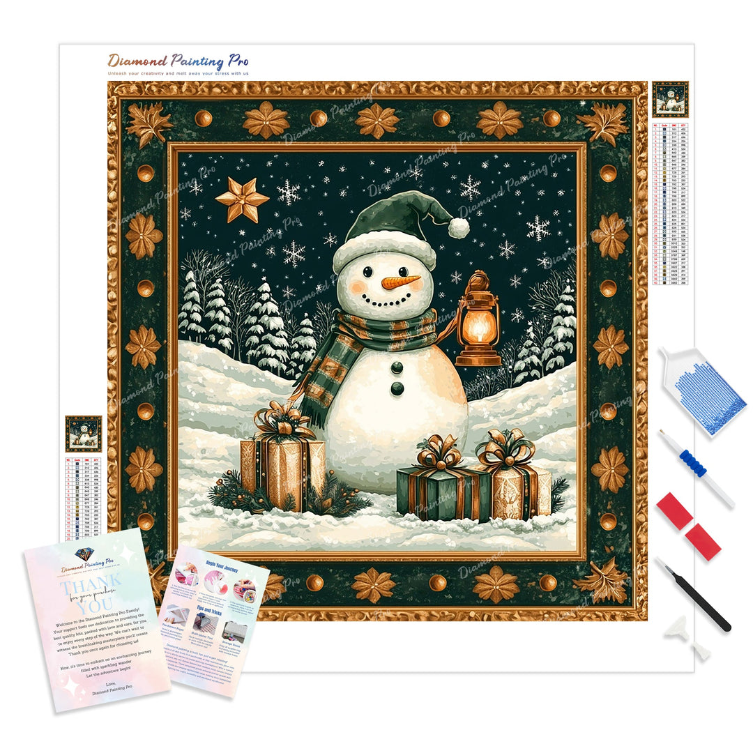 Lantern Snowman Diamond Painting Kit - Full Drill / Square or Round Diamonds with AB Drills Option
