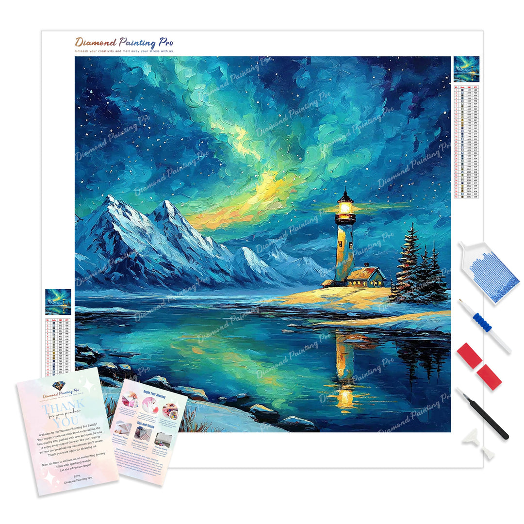 Lighthouse Under Aurora Diamond Painting Kit - Full Drill / Square or Round Diamonds with AB Drills Option