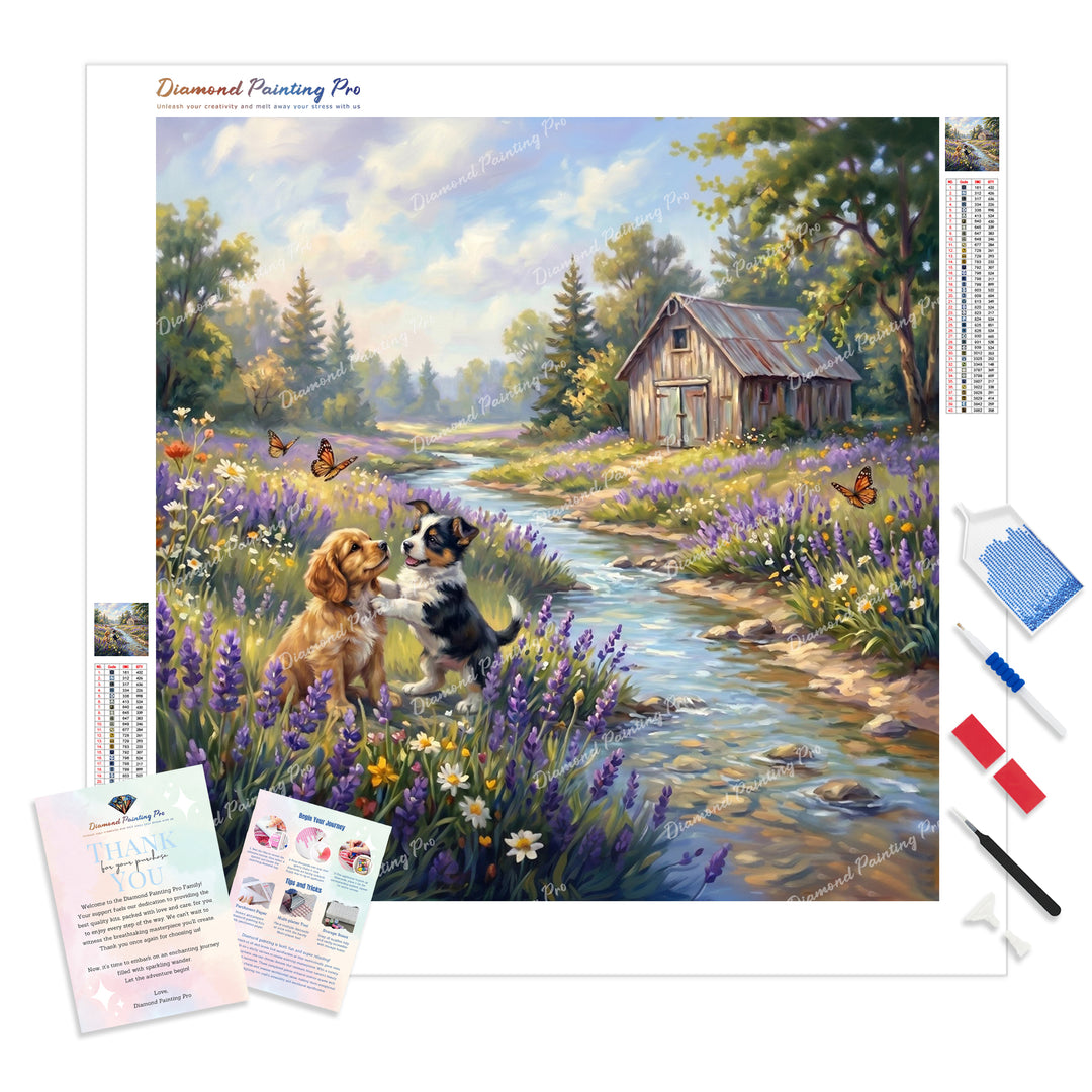 Meadow Puppy Playmates Diamond Painting Kit - Full Drill / Square or Round Diamonds with AB Drills Option