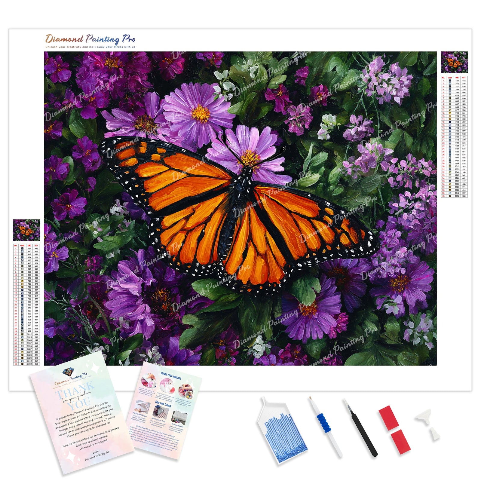Monarch Butterfly and Petals Diamond Painting Kit - Full Drill / Square or Round Diamonds with AB Drills Option