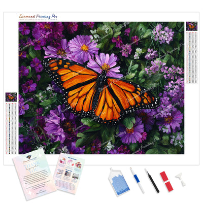 Monarch Butterfly and Petals Diamond Painting Kit - Full Drill / Square or Round Diamonds with AB Drills Option