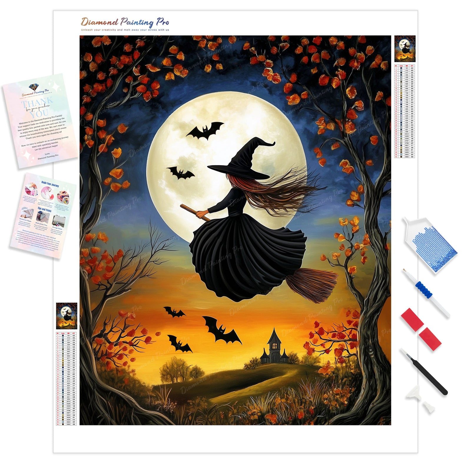 Moonlit Blooms and Broomsticks | Diamond Painting Kit - Full Drill - Square or Round Diamonds with AB Drills Option