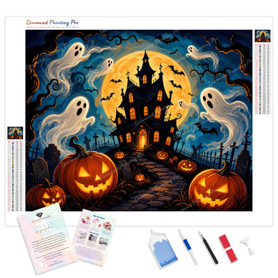 Moonlit Haunted Castle Diamond Painting Kit - Full Drill / Square or Round Diamonds with AB Drills Option