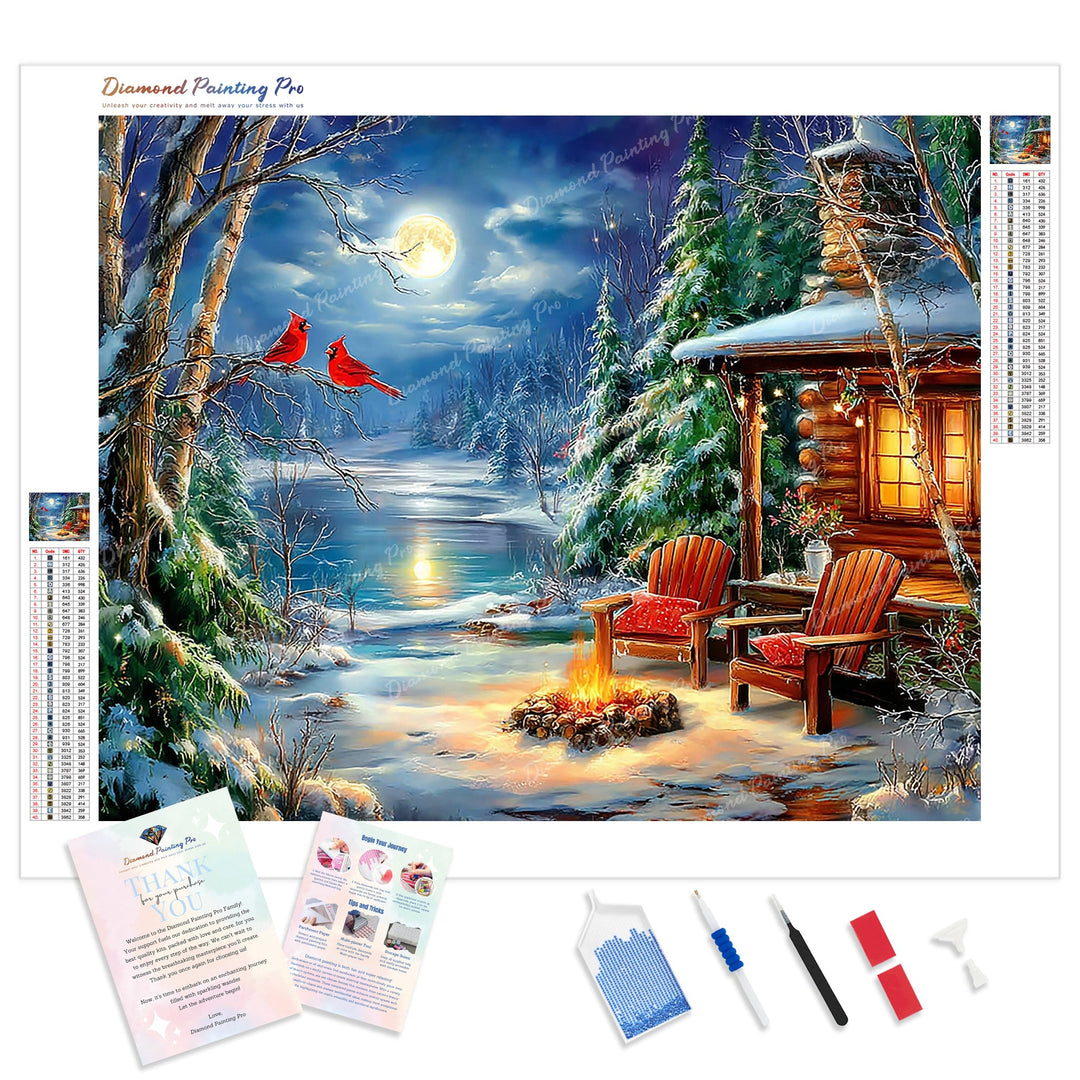 Moonlit Winter Fireside Diamond Painting Kit - Full Drill / Square or Round Diamonds with AB Drills Option