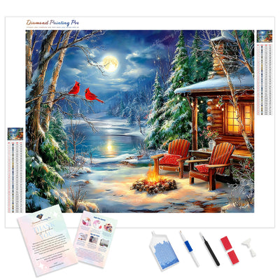 Moonlit Winter Fireside Diamond Painting Kit - Full Drill / Square or Round Diamonds with AB Drills Option