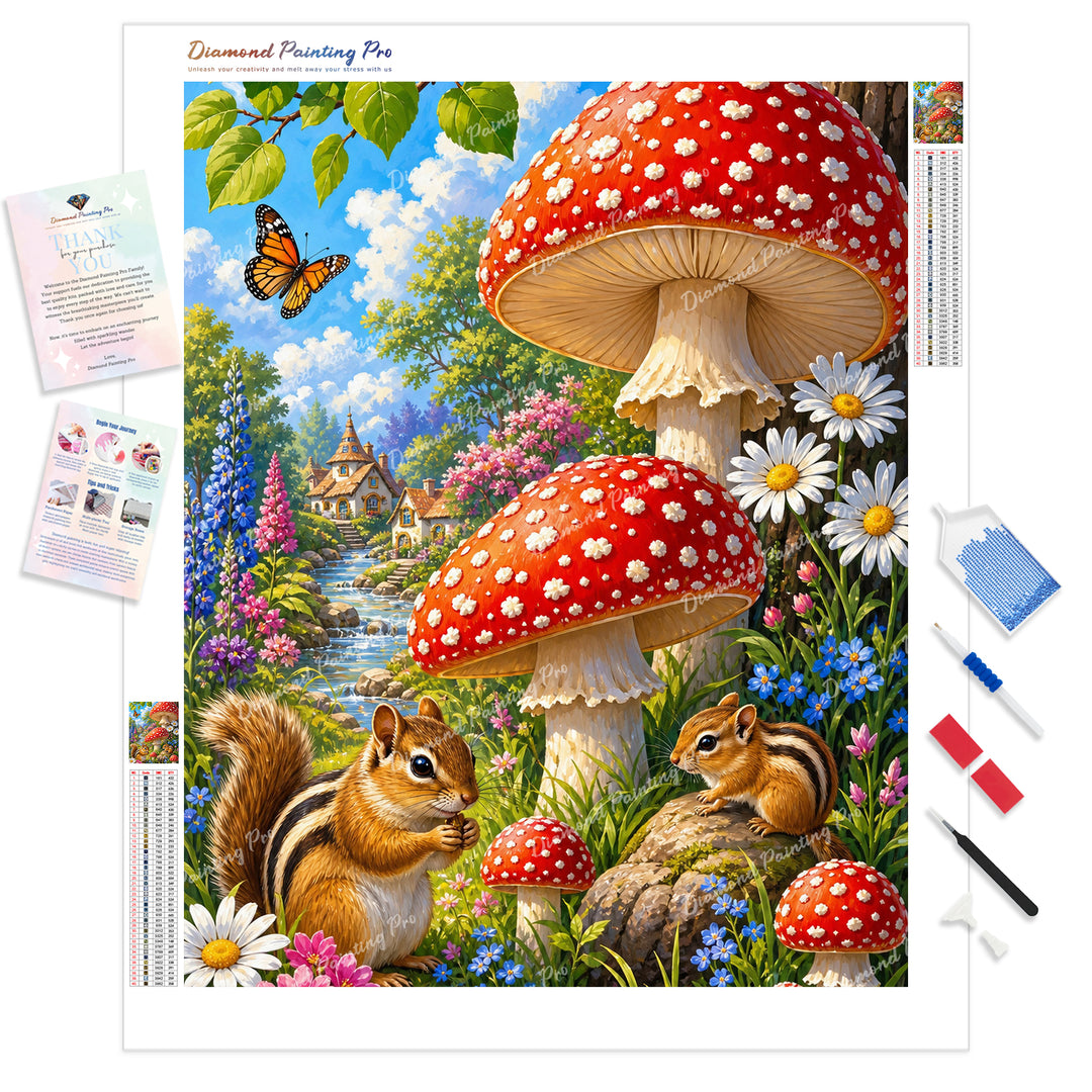 Mushrooms and Chipmunks Diamond Painting Kit - Full Drill / Square or Round Diamonds with AB Drills Option