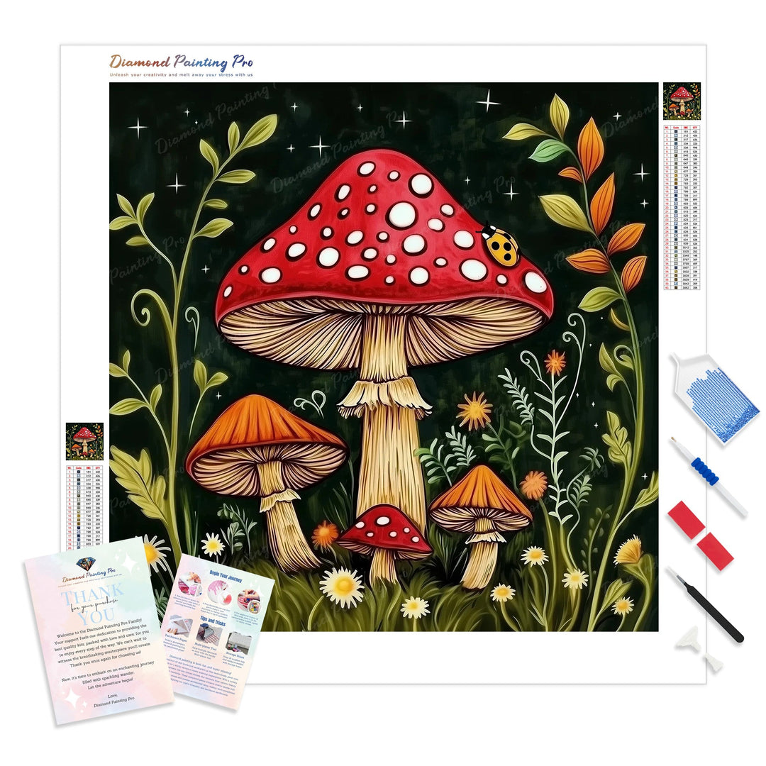 Mushrooms and Ladybug Diamond Painting Kit - Full Drill / Square or Round Diamonds with AB Drills Option