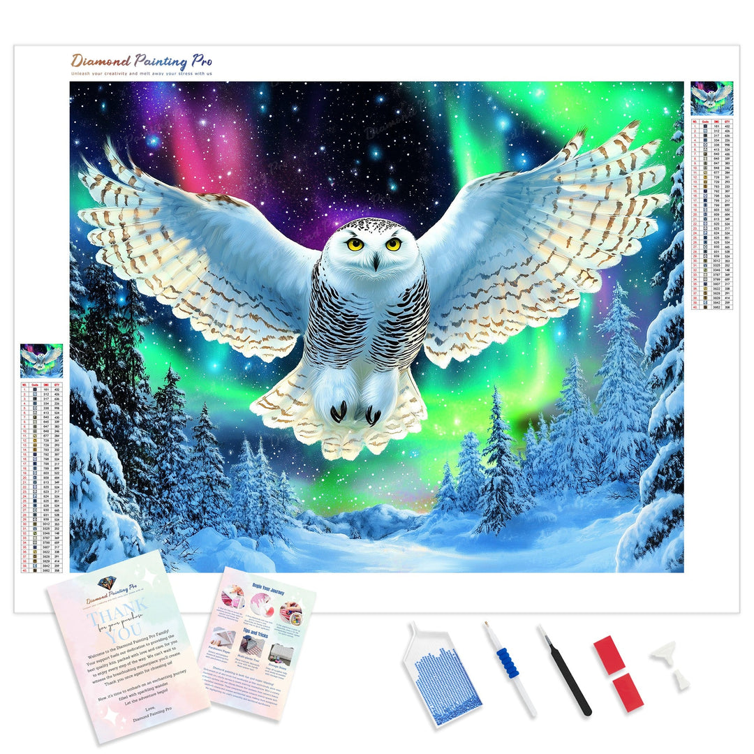 Owl Under Northern Lights Diamond Painting Kit - Full Drill / Square or Round Diamonds with AB Drills Option