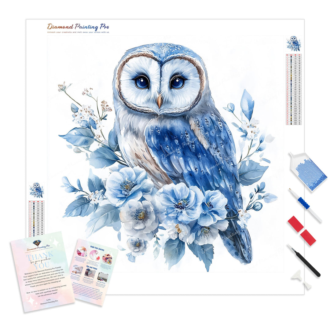 Owl with Blue Blooms Diamond Painting Kit - Full Drill / Square or Round Diamonds with AB Drills Option