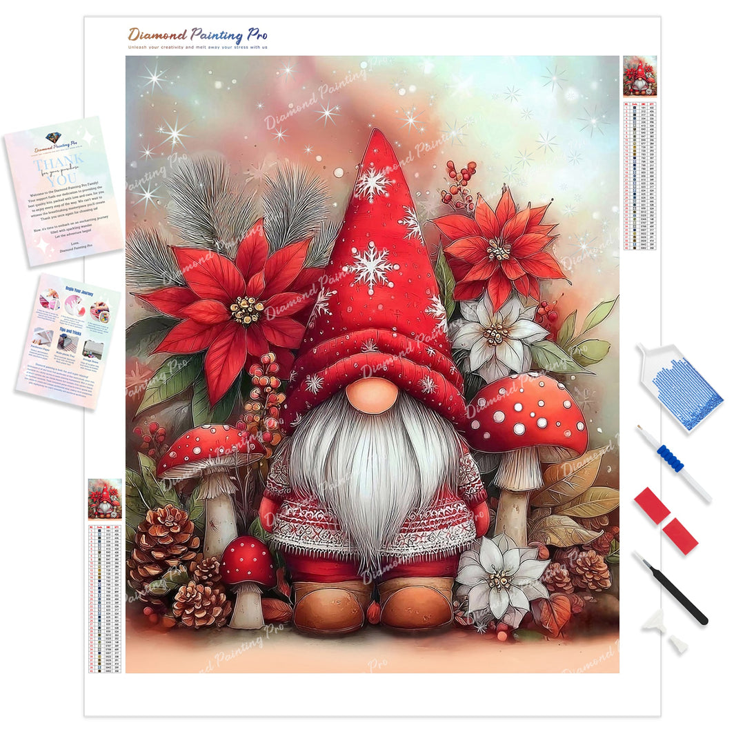 Poinsettia Xmas Gnome Diamond Painting Kit - Full Drill / Square or Round Diamonds with AB Drills Option