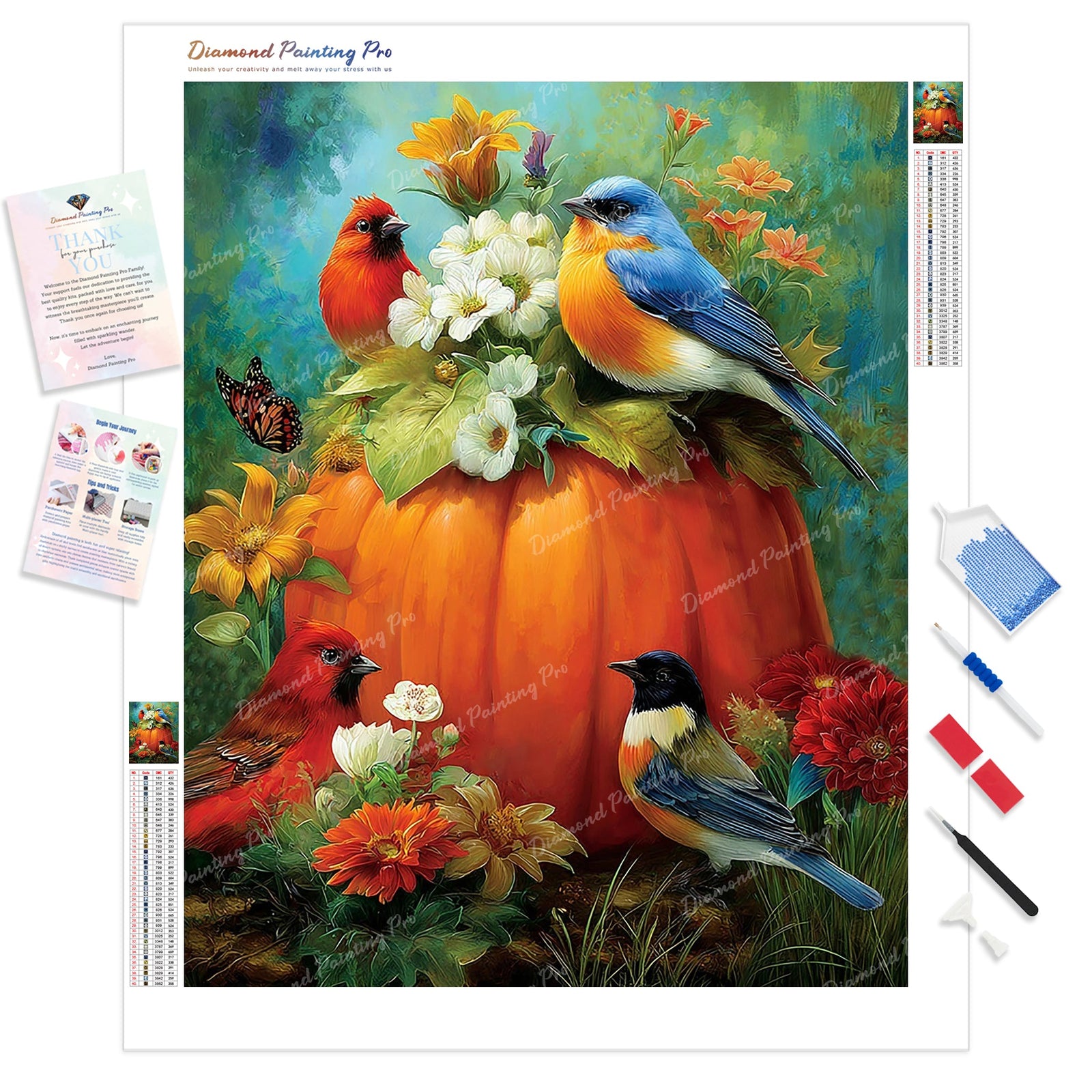 Pumpkin and Birds Diamond Painting Kit - Full Drill / Square or Round Diamonds with AB Drills Option