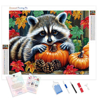 Raccoon's Pumpkin Snuggle | Diamond Painting Kit - Full Drill - Square or Round Diamonds with AB Drills Option