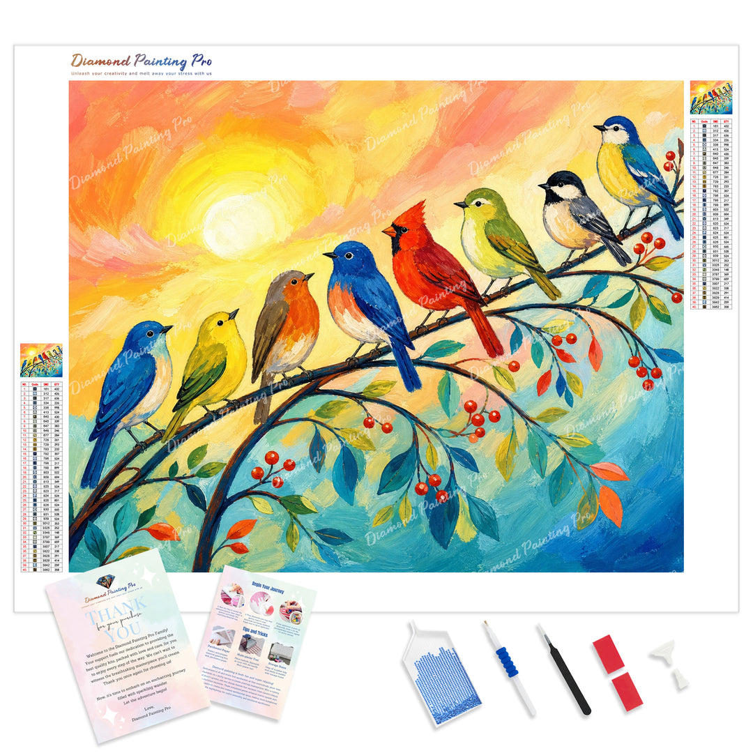 Rainbow Songbirds Diamond Painting Kit - Full Drill / Square or Round Diamonds with AB Drills Option