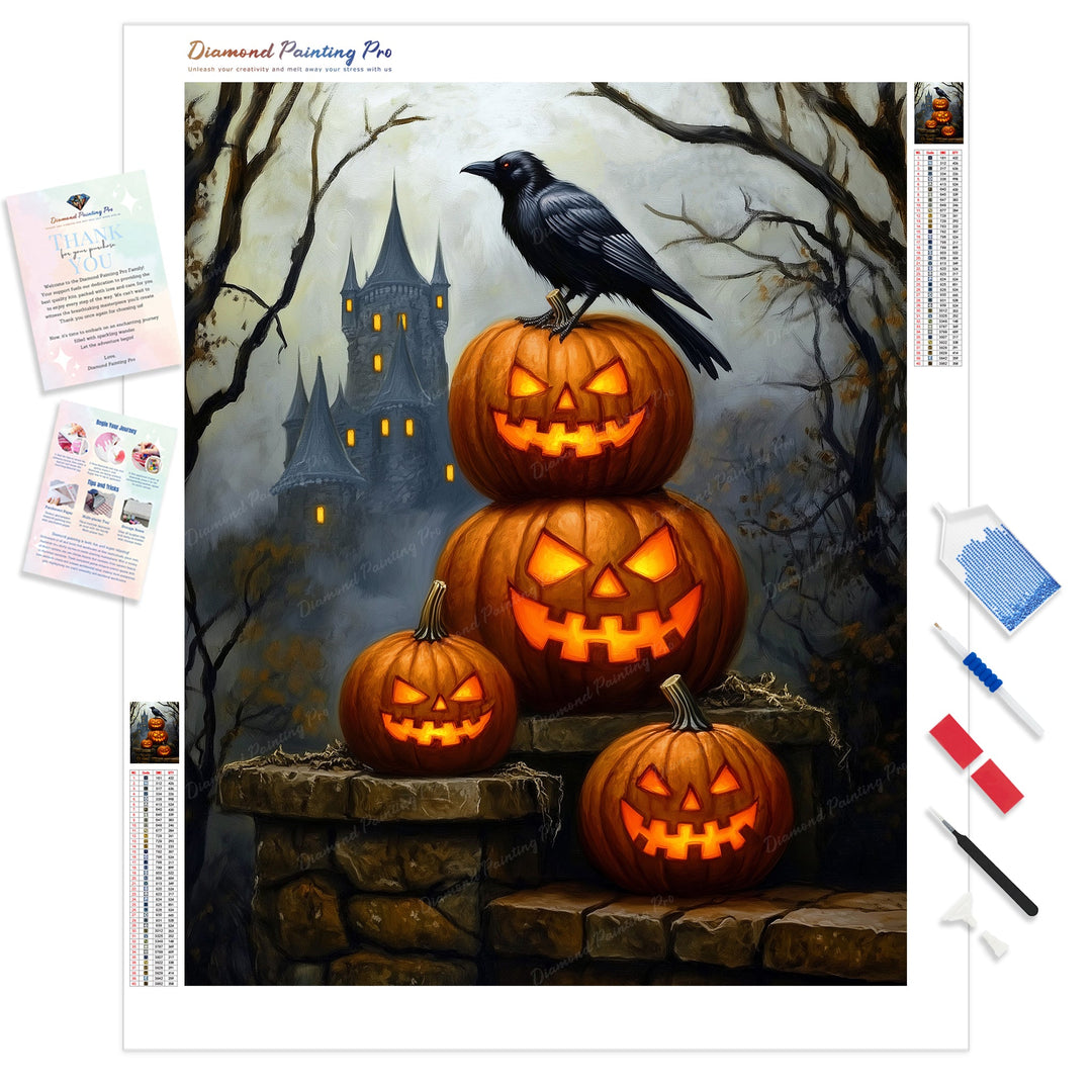 Raven on Stacked Pumpkins | Diamond Painting Kit - Full Drill - Square or Round Diamonds with AB Drills Option